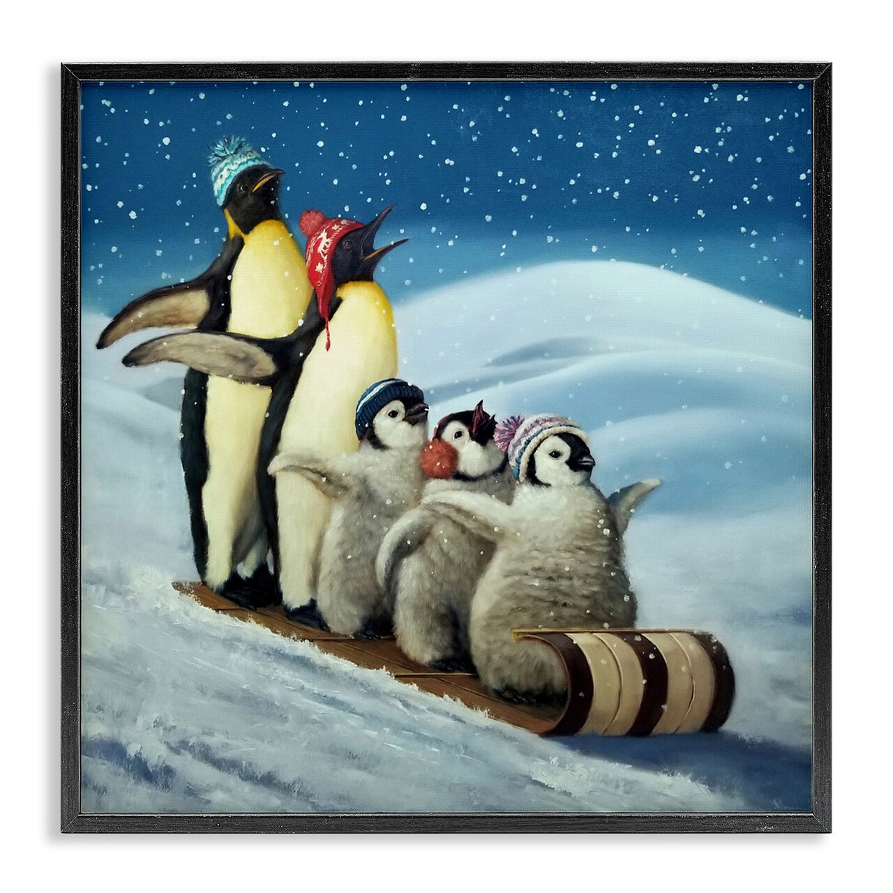 Stupell Industries Sleigh Ride Snowy Penguins Framed Giclee, design by Lucia Heffernan